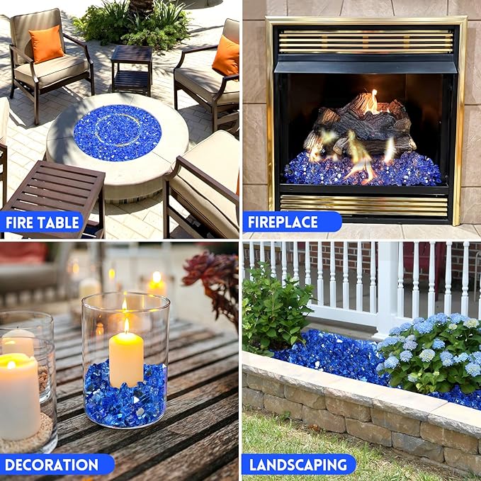 GasSaf 1/4 Inch Fire Glass Reflective Tempered Fireglass Cut Crushed FireGlass for Fire Pit, Fireplace, Replaces Existing Gas Logs & Lava Rocks (10 Pound)(Cobalt Blue Reflective)