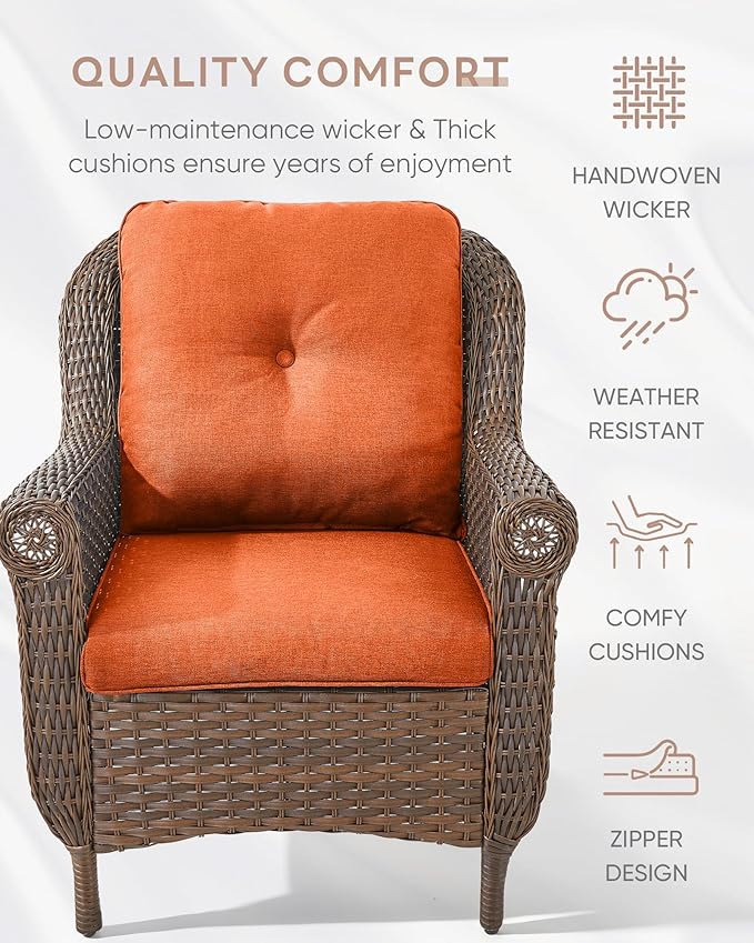 3 Piece Patio Brown Wicker Chairs with Side Table - Outdoor High Back Heavy Duty All-Weather Lawn Dining Rattan Chair Conversation Bistro Set for Deck Porch Balcony Backyard Garden - Orange