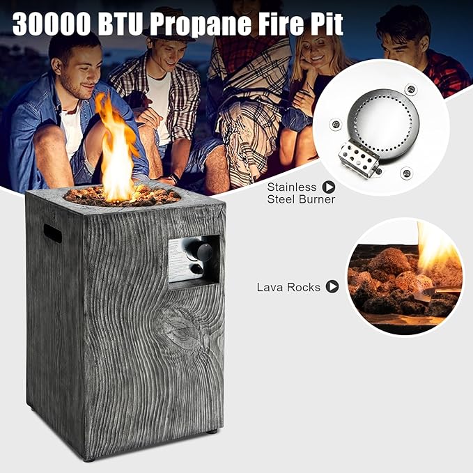 Tangkula 16 Inch Patio Propane Fire Pit, Patiojoy Electronic Ignition Square Gas Fireplaces with Protective Cover, 30,000 BTU Outdoor Fire Pit with Lava Rocks, Touch-up Pen for Backyard, Patio (Grey)
