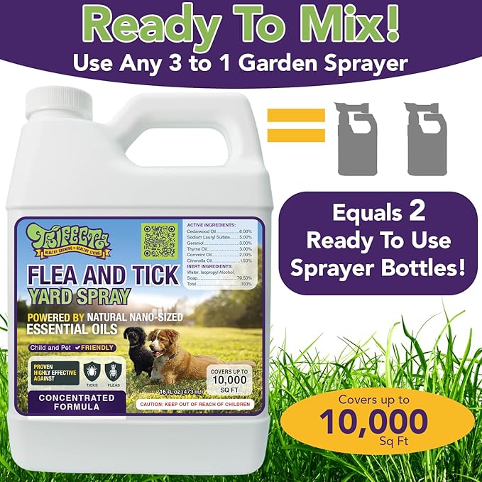 Trifecta Outdoor Flea & Tick Yard Spray Concentrate | All Natural Flea and Tick Spray for Yards with Essential Oils | Pet and Family Safe | Concentrated Formula For Hose-End Sprayers and Pumps (16 oz)