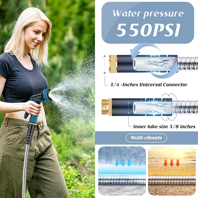 Garden Hose 50FT, Water Hose with 10 Function Nozzle, Garden Hose Metal with Leak-proof Connectors, No-Kink, Lightweight, Puncture-proof, Pet-proof, Sturdy, 550PSI, Hose for Outdoor, Yard