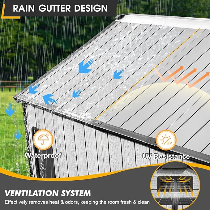 8 x 10 FT Resin Outdoor Storage Shed, All-Weather Plastic Garden Shed with Floor, Lockable Doors & Windows, Plastic Tool Shed for Poolside, Backyard, Patio