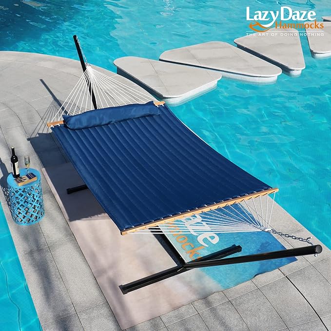 Lazy Daze 12 FT Double Quilted Fabric Hammock with Spreader Bars and Detachable Pillow, 2 Person Hammock for Outdoor Patio Backyard Poolside, 450 LBS Weight Capacity, Dark Blue/Natural