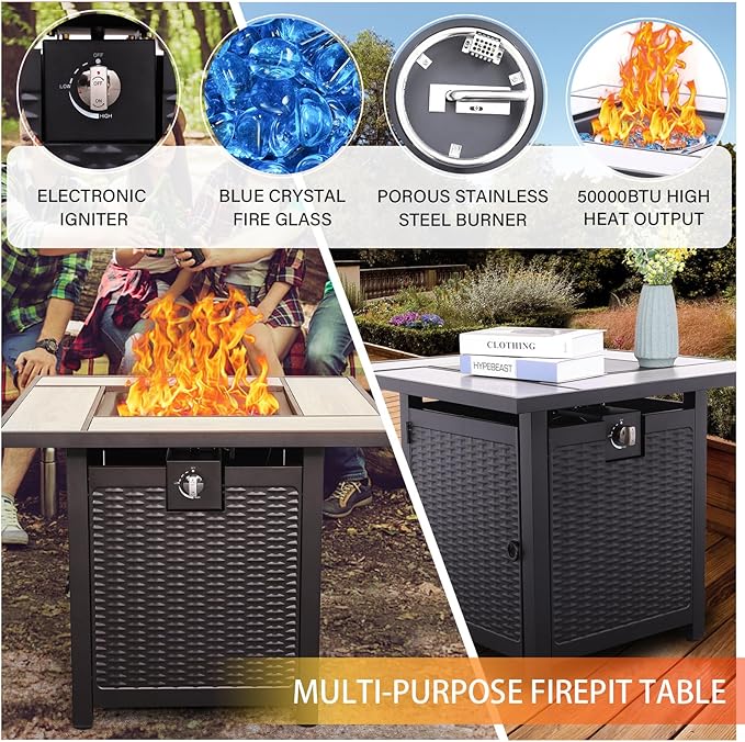 WAROOM Outdoor Propane Fire Pit for Outside, 30 Inch 50,000 BTU Steel Square Gas Firepit Table with Fire Glass and Furniture Cover, for Parties and Gatherings on Patio Garden Backyard Porch