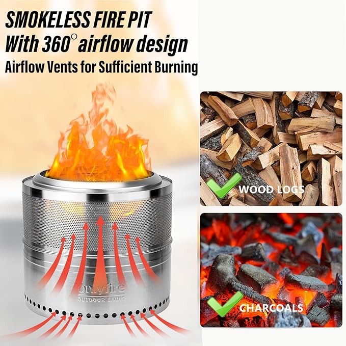 ONLYFIRE OUTDOOR LIVING Wood Burning Fire Pit with Carrying Bag, 19.5” Detachable Portable Firepit for Camping Tailgating Patio Backyard Bonfire, Perforated Smokeless Fireplace, Stainless Steel FP037
