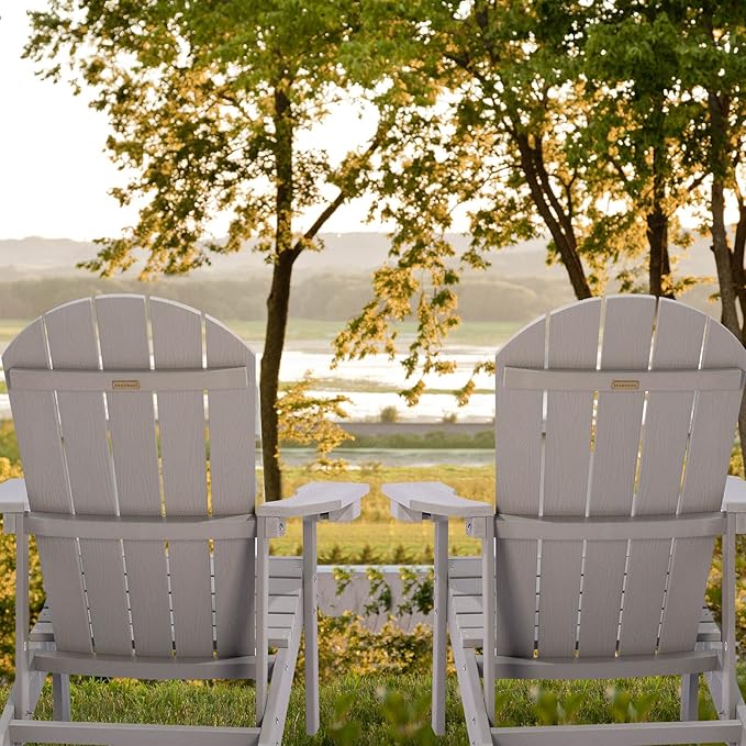 Adirondack Chair, All Weather Resistant Plastic Chairs with Cup Holder, 5 Easy Steps to Install, Outdoor Chairs for Patio, Garden, Backyard Deck, Lawn, Fire Pit - Grey