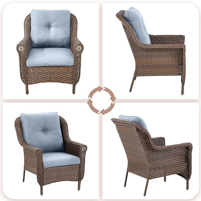 Patio Wicker Chairs Outdoor Furniture Chair - Set of 2 Outside All Weather Lawn Dining Brown Rattan Armchair with High Back&Deep Seating for Deck Porch Balcony Backyard Garden - Baby Blue