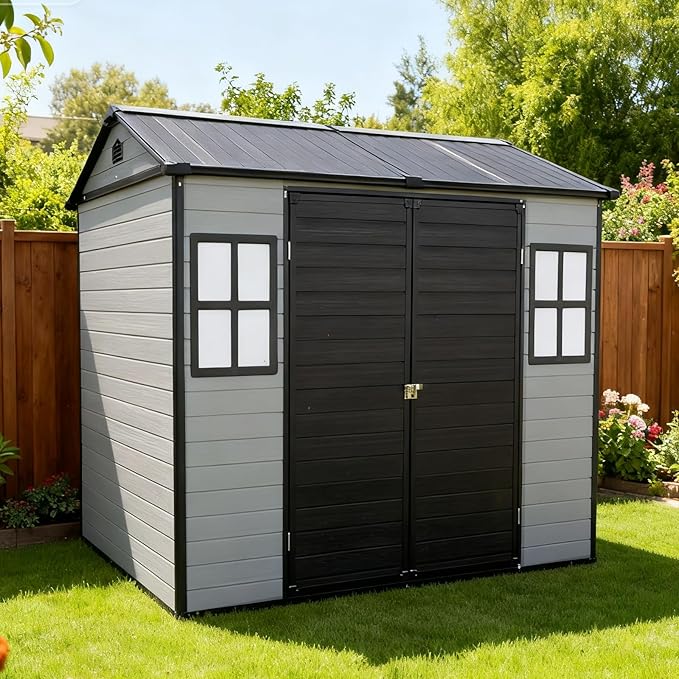 8x6ft Resin Outdoor Storage Shed with Floor and 2 Windows, Plastic Sheds & Outdoor Storage Clearance for Patio Furniture, GardenTools, Bike Accessories and Lawn Mower, Black+Grey