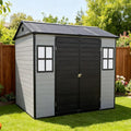 8x6ft Resin Outdoor Storage Shed with Floor and 2 Windows, Plastic Sheds & Outdoor Storage Clearance for Patio Furniture, GardenTools, Bike Accessories and Lawn Mower, Black+Grey