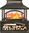 37 Inch Outdoor Fireplace, Wood Burning Fire Pit for Patio with Built-in Log Storage, Steel Rectangular Fire Table with Poker for Camping, Garden, Backyard, Antique Brass