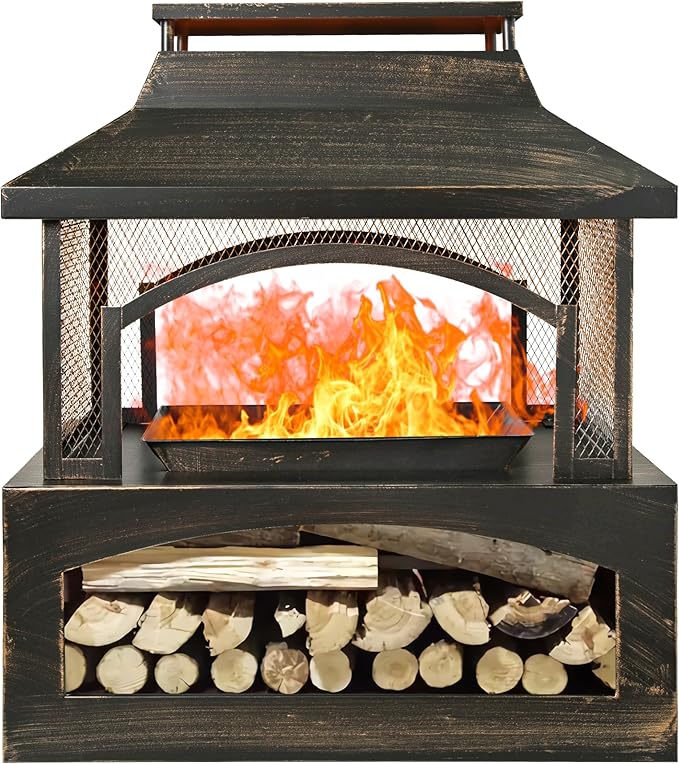37 Inch Outdoor Fireplace, Wood Burning Fire Pit for Patio with Built-in Log Storage, Steel Rectangular Fire Table with Poker for Camping, Garden, Backyard, Antique Brass