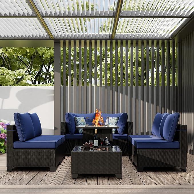 Patio Furniture Set with Fire Pit Table, 8 Piece Wicker Outdoor Sectional Set with Thick Cushions, Patio Sofa for Porch Garden Backyard Deck, Coffee/Blue