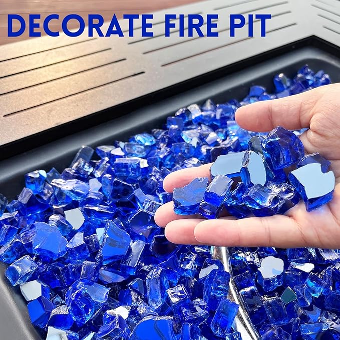 GasSaf 1/2 Inch Fire Glass Reflective Tempered Fireglass Cut Crushed FireGlass for Fire Pit, Fireplace, Replaces Existing Gas Logs & Lava Rocks (10 Pound)(Cobalt Blue Reflective)