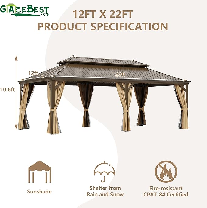 GAZEBEST 12' X 22' Hardtop Gazebo, Outdoor Galvanized Steel Double Roof Permanent Aluminum Frame Pavilion Pergola Canopy with Privacy Curtains for Garden, Patio, Backyard, Deck and Lawns.