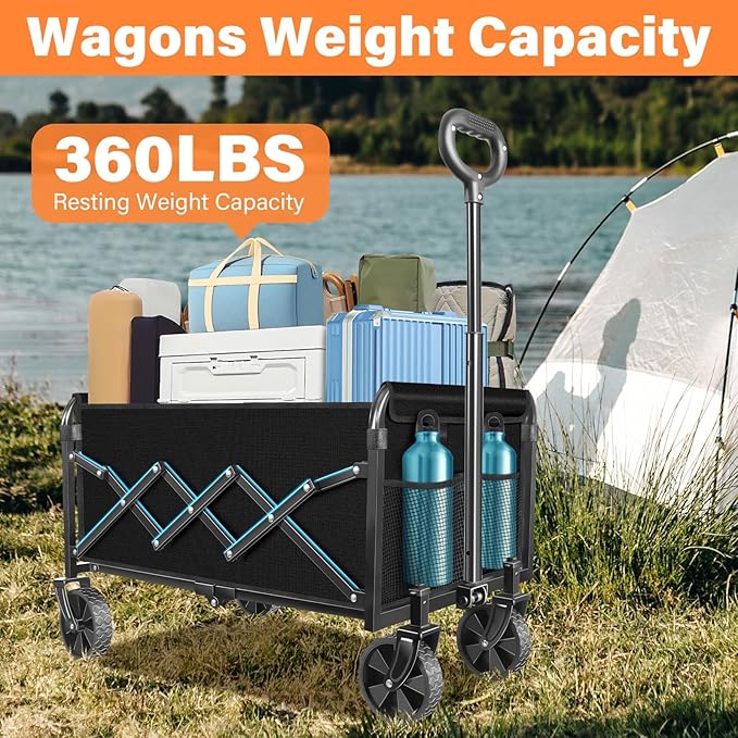 Wagons Carts Foldable, Collapsible Wagon Cart with Wheels - Beach Wagon Cart with Wheels for Sand Sports Camping Grocery, Black