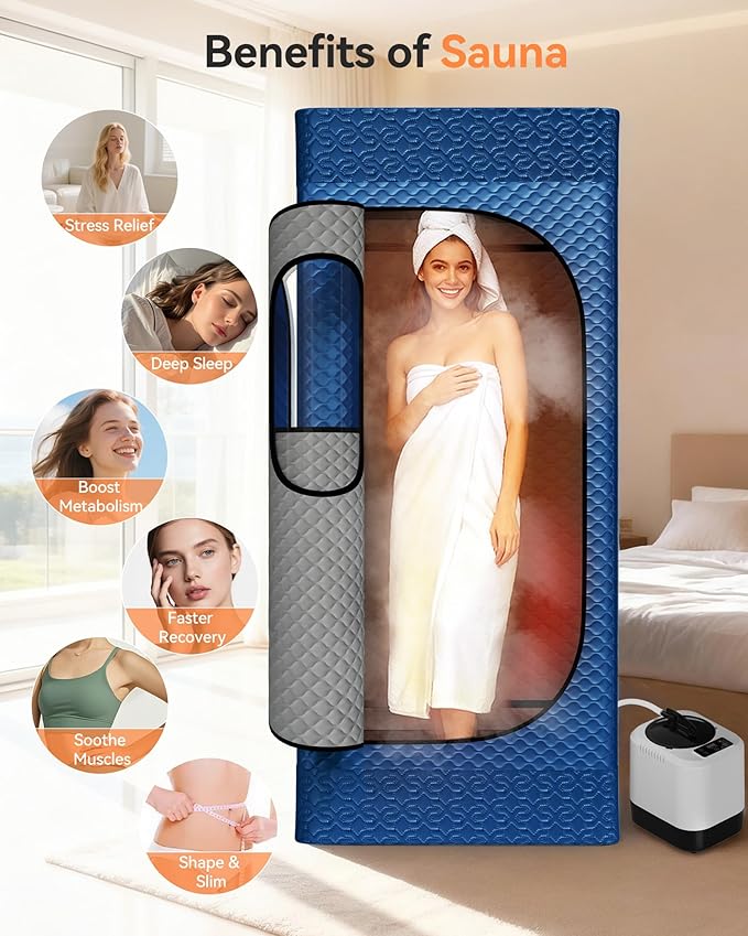 Sauna Box, Upgraded Portable Sauna for Home 5Layer Waterproof,3L 1200W Steamer,9 Levels,Dual YKK Zippers,Big Folding Chair,99 Mins Timer,Remote Control,Steam Sauna Room Personal Saunas Tent,Dark Blue