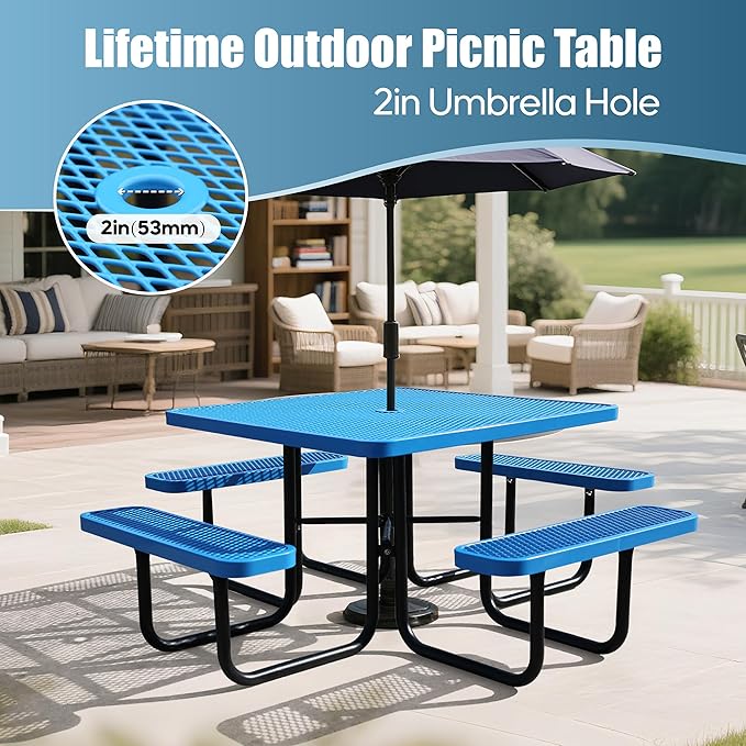 Sunnibety 8-Person Picnic Tables for Outdoors, Industrial 46" Expanded Metal Square Picnic Table with 4 Benches & Umbrella Hole, Outside Table and Bench Set for Garden, Backyard, Porch, Patio, Blue