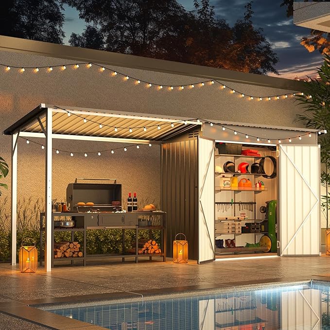AECOJOY Outdoor Open-Sided Storage Shed Metal Shed, 8x4 Sheds & Outdoor Storage with 56 Sq. Ft Covered, 4'x8' 2-in-1 Tool Shed with Attached Hardtop Metal 6‘x4’ Gazebo