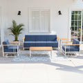 Luxury Outdoor Furniture Set with Swivel Chairs, 5 PCS Patio Furniture Set with 6" Extra Thick Cushions, Suitable for Porch, Balcony, Deck, Patio, Yard, Poolside, White/Blue