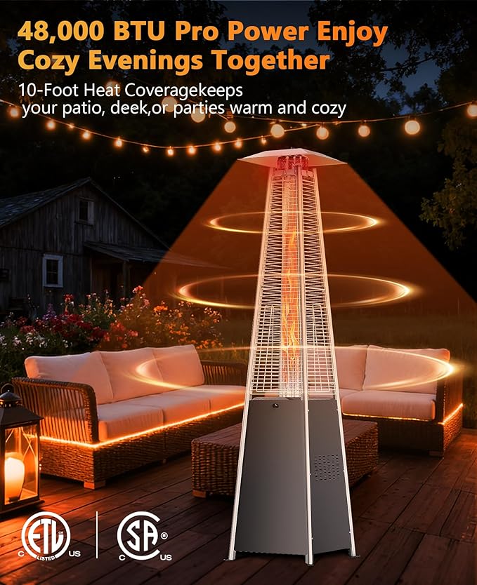 HUGROVE Pyramid Patio Heater, 48,000 BTU Rapid Heating Outdoor Propane With Wheels and Weatherproof Cover, Triple Protection System for Patio & Backyard & Garden & Pool (1 Gray Heater)