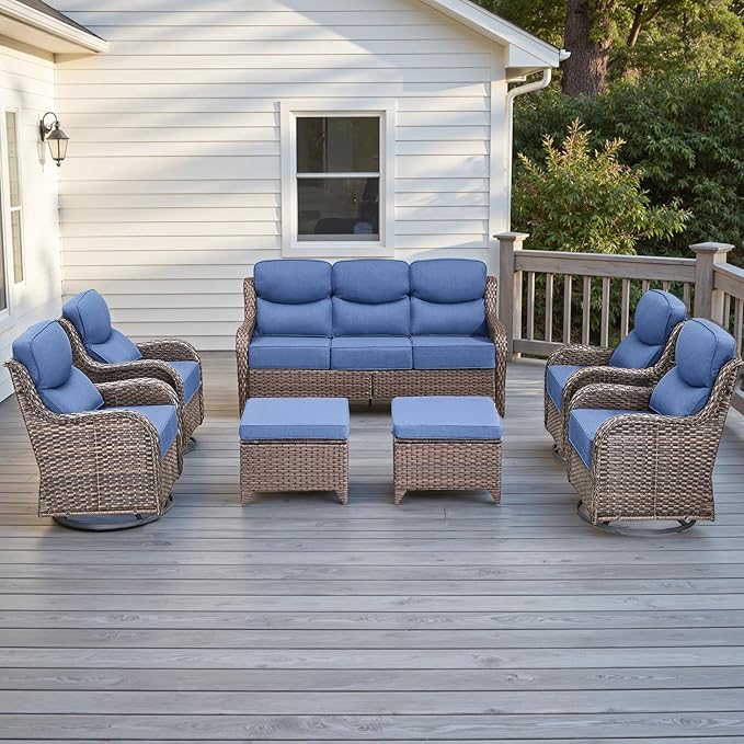 Rilyson Wicker Outdoor Patio Furniture Set - 7 Piece Patio Conversation Sets with Swivel Rocker Chairs, Ottomans and Sofa, 6 inch Cushions, Waterproof Wicker, for Porch Deck Brown/Blue