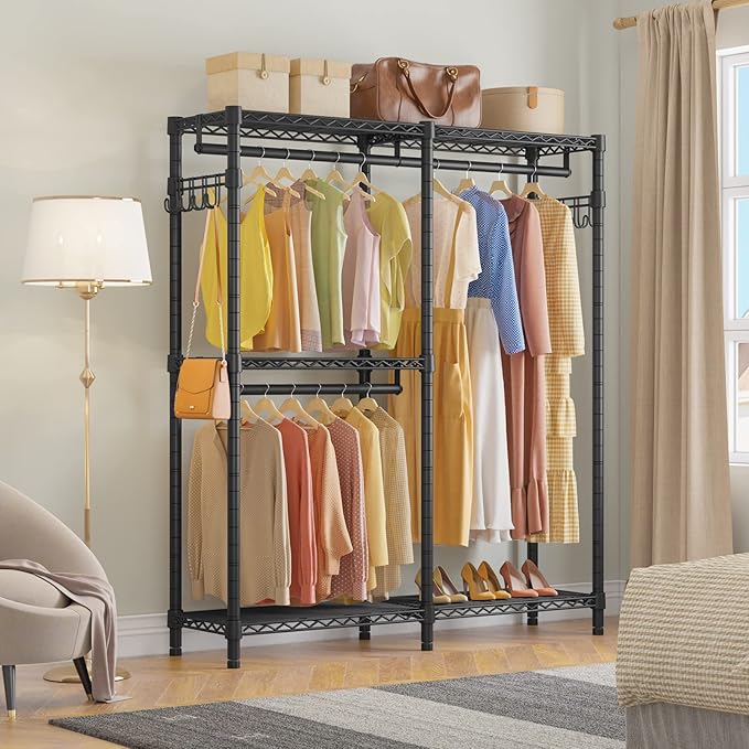 VIPEK V4 Heavy Duty Clothing Rack for Hanging Clothes 810lbs Load Capacity, Double Rod Garment Rack with Adjustable Shelves & Side Hooks, Metal Wardrobe Closet System Easy to Assemble, (Black)