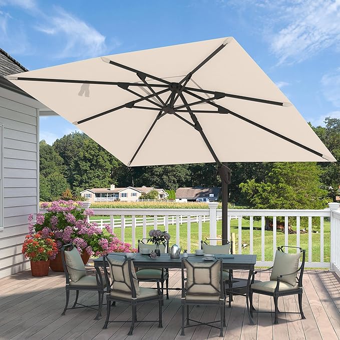 9' X 12' Cantilever Patio Umbrella Rectangular Outdoor Large Offset Umbrellas with 7 Tilts Adjustable 360°Rotation for Deck Pool Garden Backyard, Beige