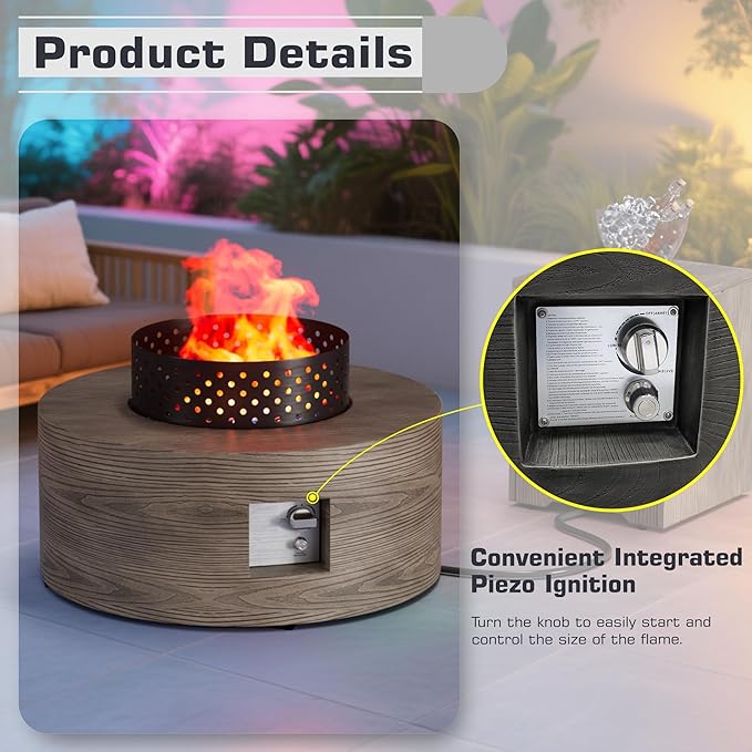 Wood Grain 30'' Patio Fire Pit Table Round, Propane Gas Fire Table 50,000 BTU, Outdoor Firepit & Fireplace for Patio, Brown