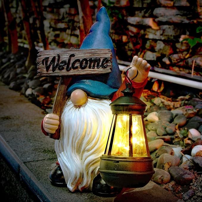 WONDHOME Garden Gnome Outdoor Decoration Solar Gnomes Statue with Lantern LED Lights,Terrace Courtyard Lawn Patio Porch Fall Decoration Halloween Christmas Housewarming Gift for Mom Women, Gnome Blue