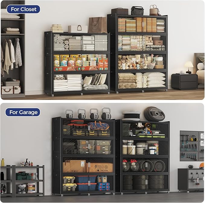 150 Gallon Extra Large Collapsible Storage Bin with Lid, 960QT Stackable Plastic Organizer with 6x Wheels, Foldable Drawer Cabinet for Closet, Living Room Office, Kitchen 3Pack, Black