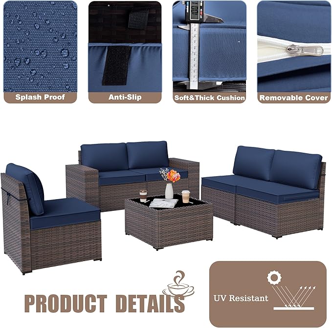 Kurapika 6 Pieces Patio Furniture Set, Rattan Outdoor Conversation Sets w/4 Inch Cushion and Glass Coffee Table(Navy Blue)