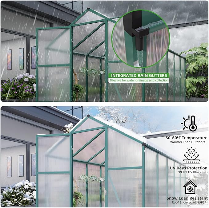 KEIKI Aluminum 6x10 FT Walk-in Polycarbonate Greenhouse, Outdoor Gardening Greenhouse with Raised Base, Roof Vent & Weather-Resistant Panels, Green