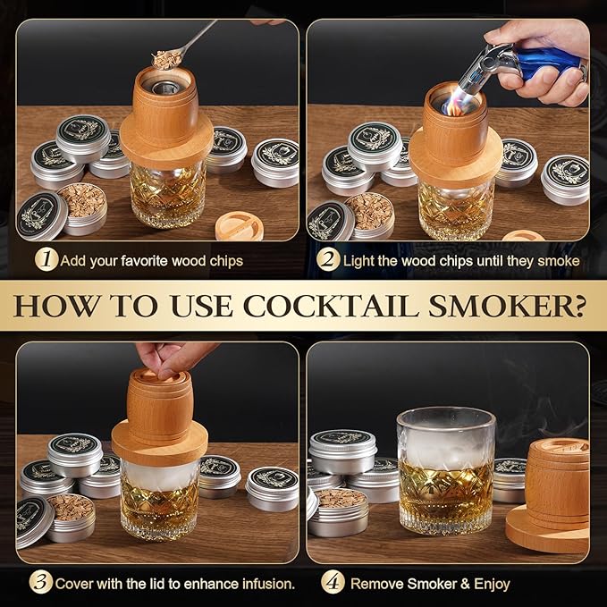 Whiskey Smoker Kit with Torch - Old Fashioned Cocktail Smoker Kit with 6 Flavors Wood Chips | 2 XL Stainless Steel Ice Balls & 2 Glasses, Christmas Bourbon Whiskey Gifts for Men, Dad(No Fuel Included)