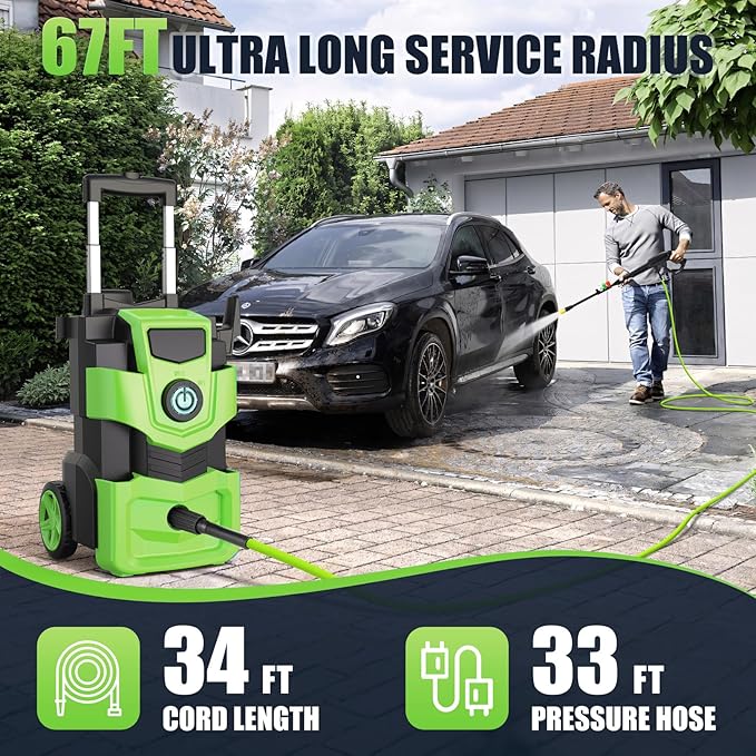 Imdot Adjustable Pressure Cleaner with 33FT Flexible Extension Hose + 34FT Power Cord, 4 Nozzles, Foam Cannon, Best Power Cleaner for Cars, Patios, Driveways, Green