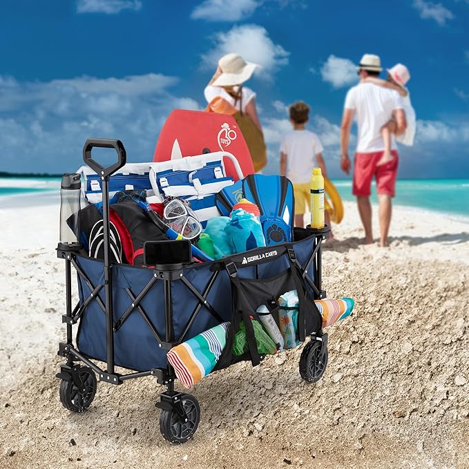 Gorilla Carts Collapsible Folding Outdoor Utility Wagon, 7 Cu Ft Oversized Bed, 150 lb Load Rating, Blue – Foldable Rolling Cart w/ Pockets & Cup Holders for Beach, Camping, Sports or Picnic