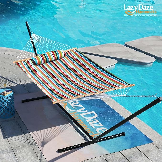 Lazy Daze Hammocks 12 FT Sunbrella Fabric Hammock with Spreader Bars and Free Pillow Fits for 2 Persons, All Weather and Fade Resistant for Patio Yard, 450 lbs Capacity, Carousel Confetti