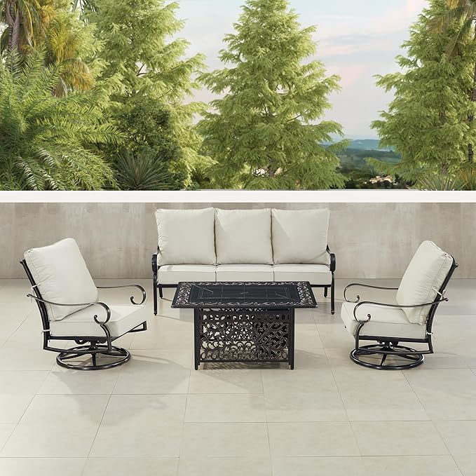Oakland Living Black Aluminum Patio Fire Table Set with Deep Seating Sofa, Two Club Chairs and Wind Blocker