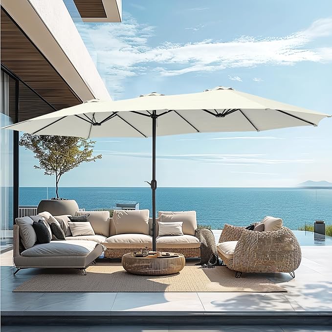 PHI VILLA 15ft Large Patio Umbrellas with Base Included, Outdoor Double-Sided Rectangle Market Umbrella with Stand, Outside Umbrellas for Poolside Lawn Backyard, Ivory