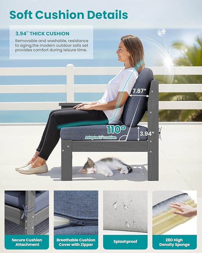 SERWALL 5-Piece Patio Sofas with 15FT Double Side Patio Umbrella, All-Weather HDPE Outdoor Sectional Sofa, Large Modular Patio Conversation Set for Garden, Deck, Porch, Grey Frame with Grey Cushion
