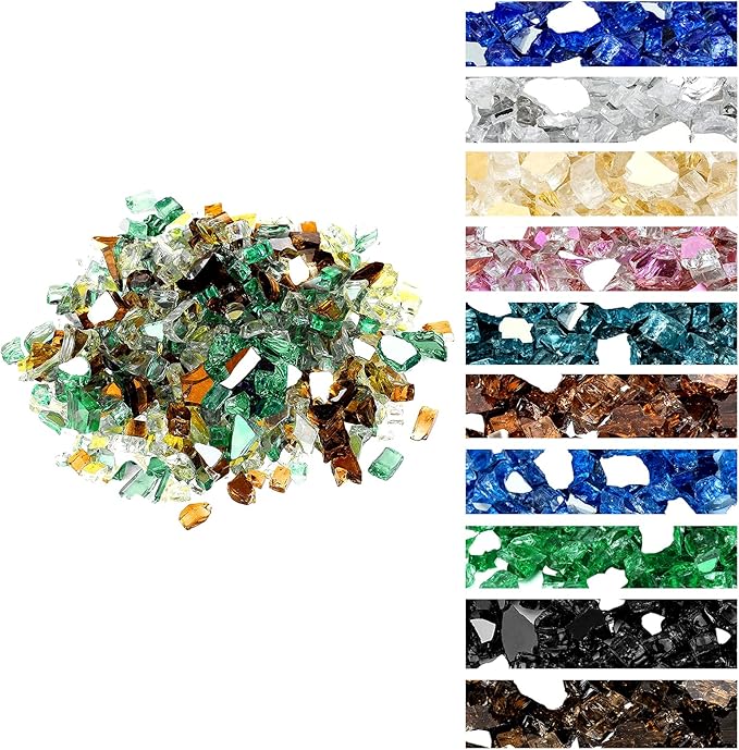 Onlyfire 10 Pounds Blended Reflective Fire Glass for Fire Pit Fireplace and Landscaping, 1/4 Inch Mixed Colored High Luster Fireglass Rocks for Outdoor ＆ Indoor Use - Gold+Light Green+Copper
