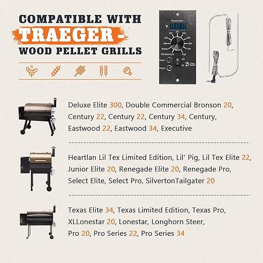 Digital Thermostat Controller Replacement Compatible with Traeger Wood Pellet Grills, with 2-Packs Meat Temperature Probe