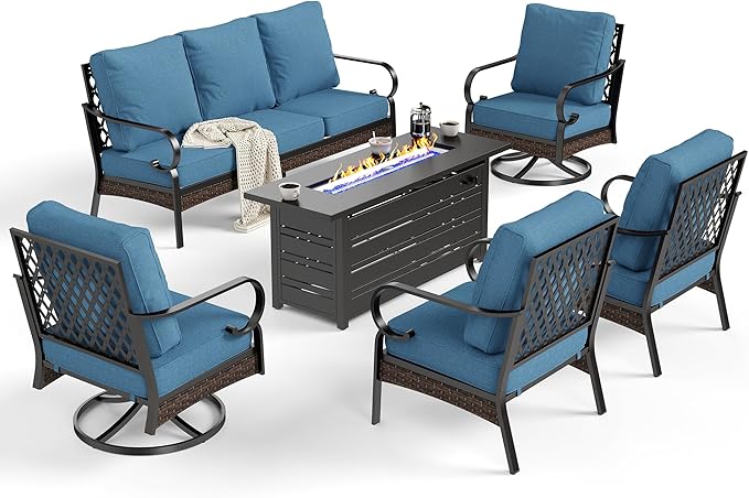 SUNSHINE VALLEY 6 Piece Metal Outdoor Patio Furniture Sets with Firepit Table, Patio Conversation Sets 1 3-Seater Sofa, 2 Leg Sofa and 2 Swivel Chair with 5.75" Cushion for Backyard Deck, Denim Blue