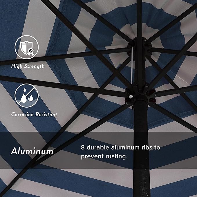 California Umbrella 9' Rd Aluminum Patio Umbrella, Crank Lift, Auto Tilt, Black Finish, Sunbrella Cabana Regatta
