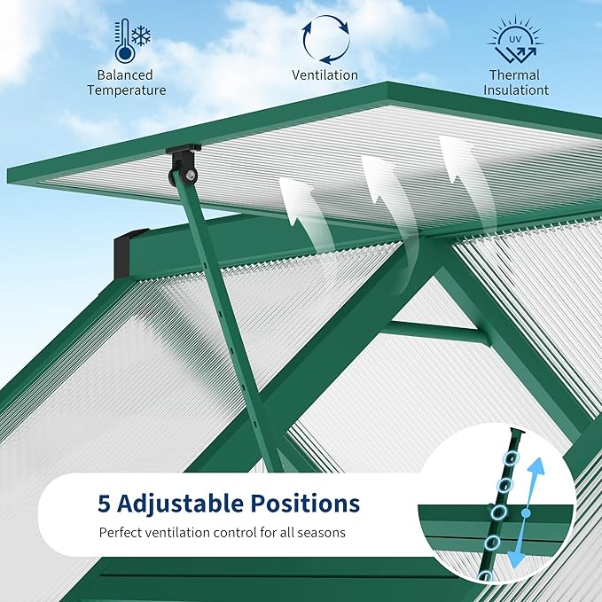 6 x 7 ft Greenhouse, Polycarbonate Walk-in Greenhouse with Aluminum Frame, Adjustable Roof Vent and Lockable Door, Easy Assembly, Green Houses for Outside, Garden, Backyard and Patio