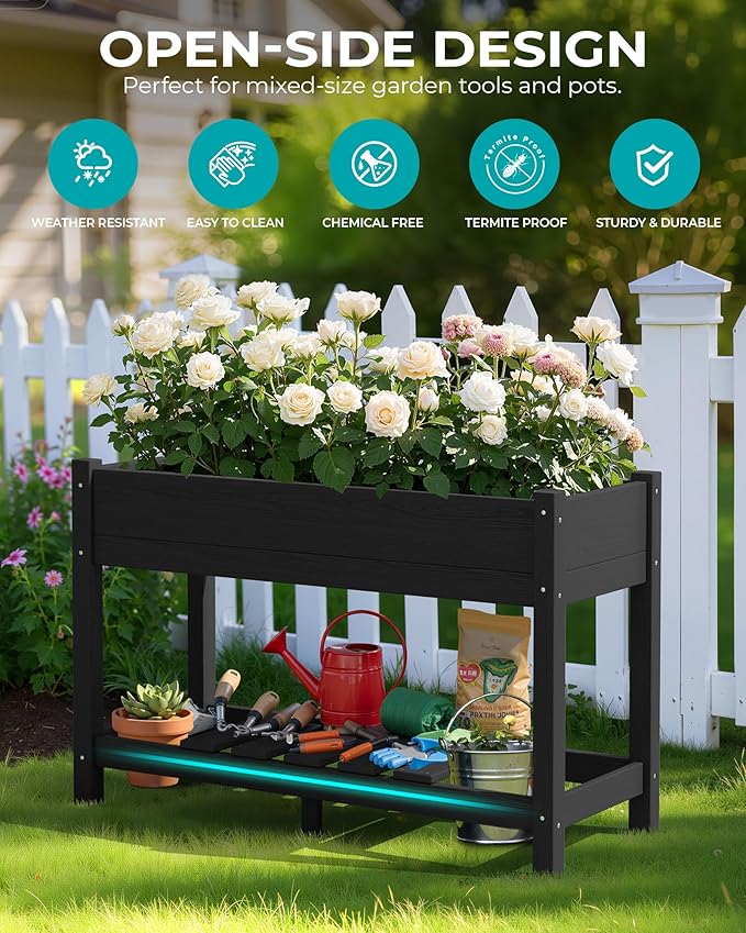 SERWALL Raised Garden Bed Set of 2, HDPE Raised Bed for Gardening All Weather Use- Black