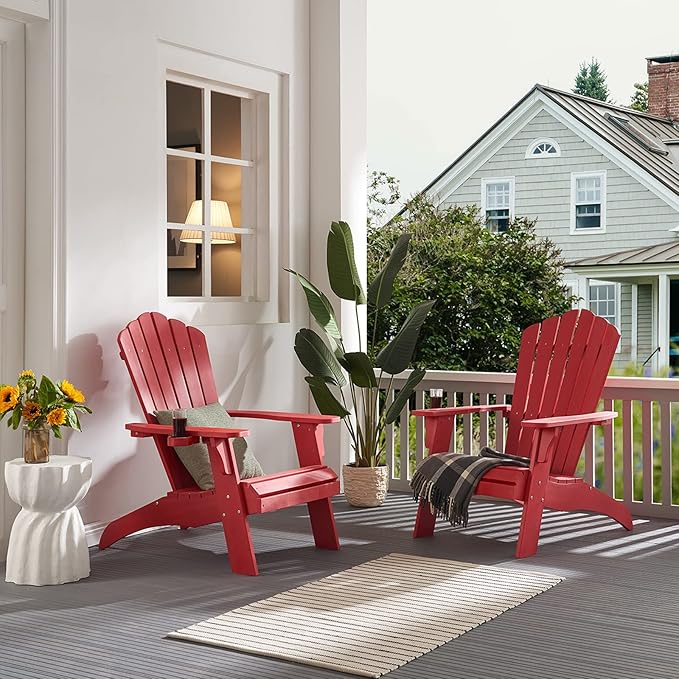 Psilvam Adirondack Chair, Oversized Poly Lumber Fire Pit Chair with Cup Holder, 350Lbs Support Patio Chairs for Garden, Weather Resistant Outdoors Seating, Relaxing Gift for Father & Mother (Red)