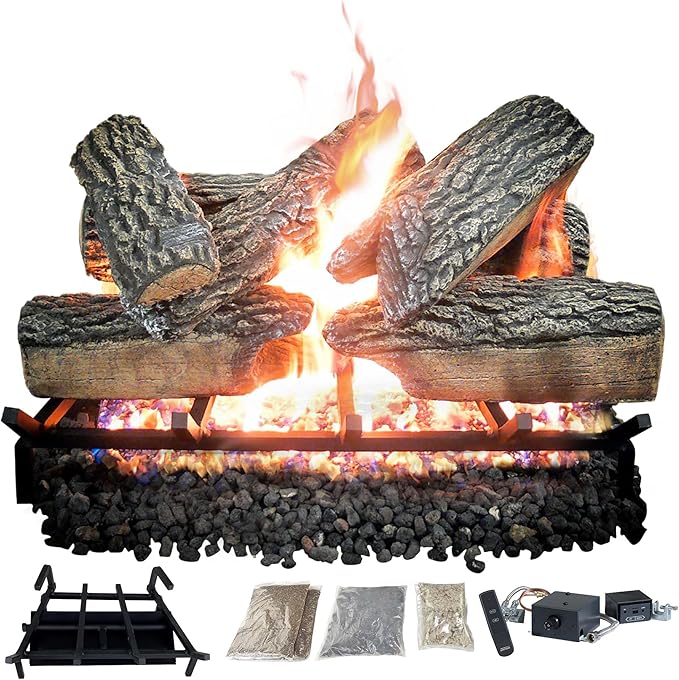 24" Premium Gas Logs - Remote Control Kit Included - for Liquid Propane Vented Fireplaces - Blazing Oak Design (Logs + Remote Light Kit)