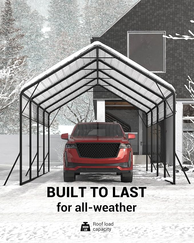 Garveelife 13 ft x21 ft x11 ft Oversized Metal Carport, Steel Heavy Duty Carport for All-Weather, Permanent Shelter for Bass Boats, Pickup Trucks, and Tractors, N.W. 660 LBS