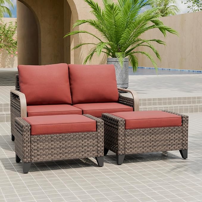 EAGLE PEAK Modern Wicker Outdoor Patio Furniture Set, Patio Conversation Set, a 2-Seat Loveseat and 2 Ottomans, 3 Pieces, Brown/Red