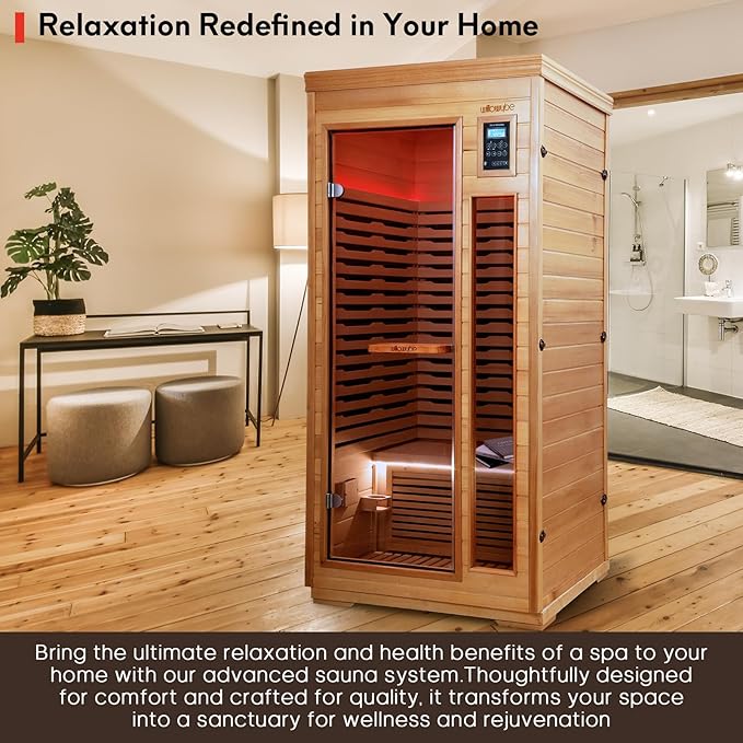 WILLOWYBE Infrared Home Sauna with Advanced Heating Panels, 7-Color LED Mood Lighting, Bluetooth Audio, Digital Control Panel, Premium Canadian Hemlock, Easy DIY Assembly, Compact Personal Spa